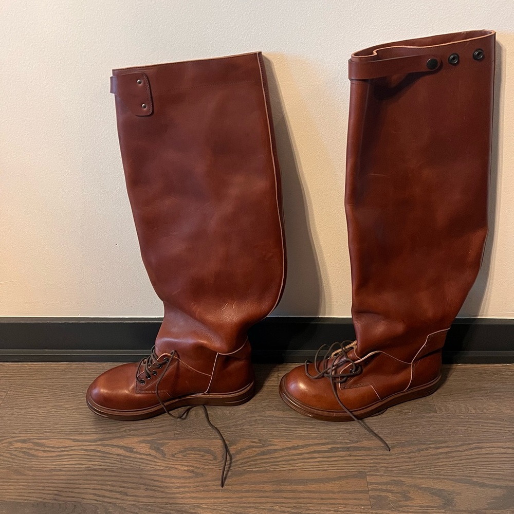 RICK OWENS GOODYEAR FLEX KNEE HIGH LACE UP COMBAT BOOTS BROWN EU 41